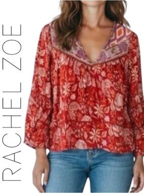 XL Boho Red Floral Peasant Top with Embroidered Yoke, 100% Cotton